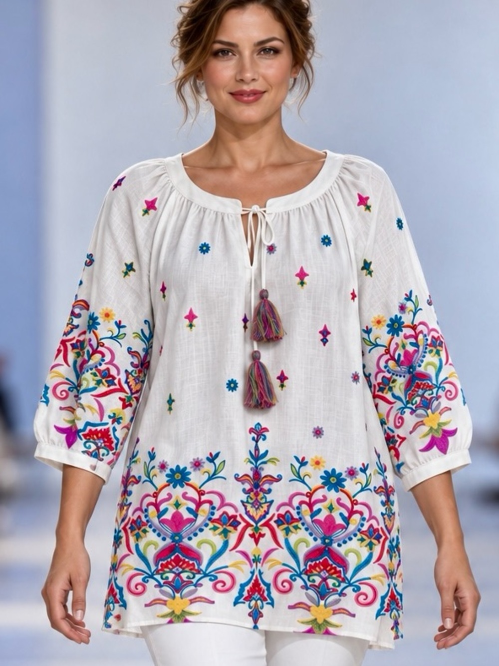 John Mark XL White Embroidered Boho Tunic Blouse Floral Tassel Tie NWT